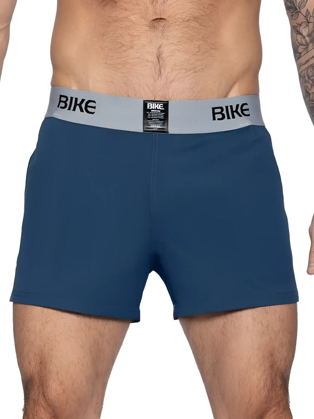 Blue bike athletic BAM216 performance jock short boxer briefs with gray elastic waistband and black bike logo in navy