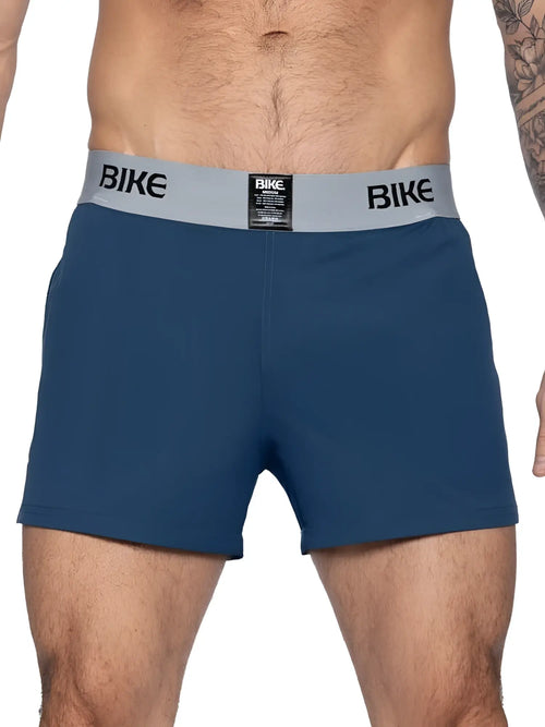 Blue bike athletic BAM216 performance jock short boxer briefs with gray elastic waistband and black bike logo in navy
