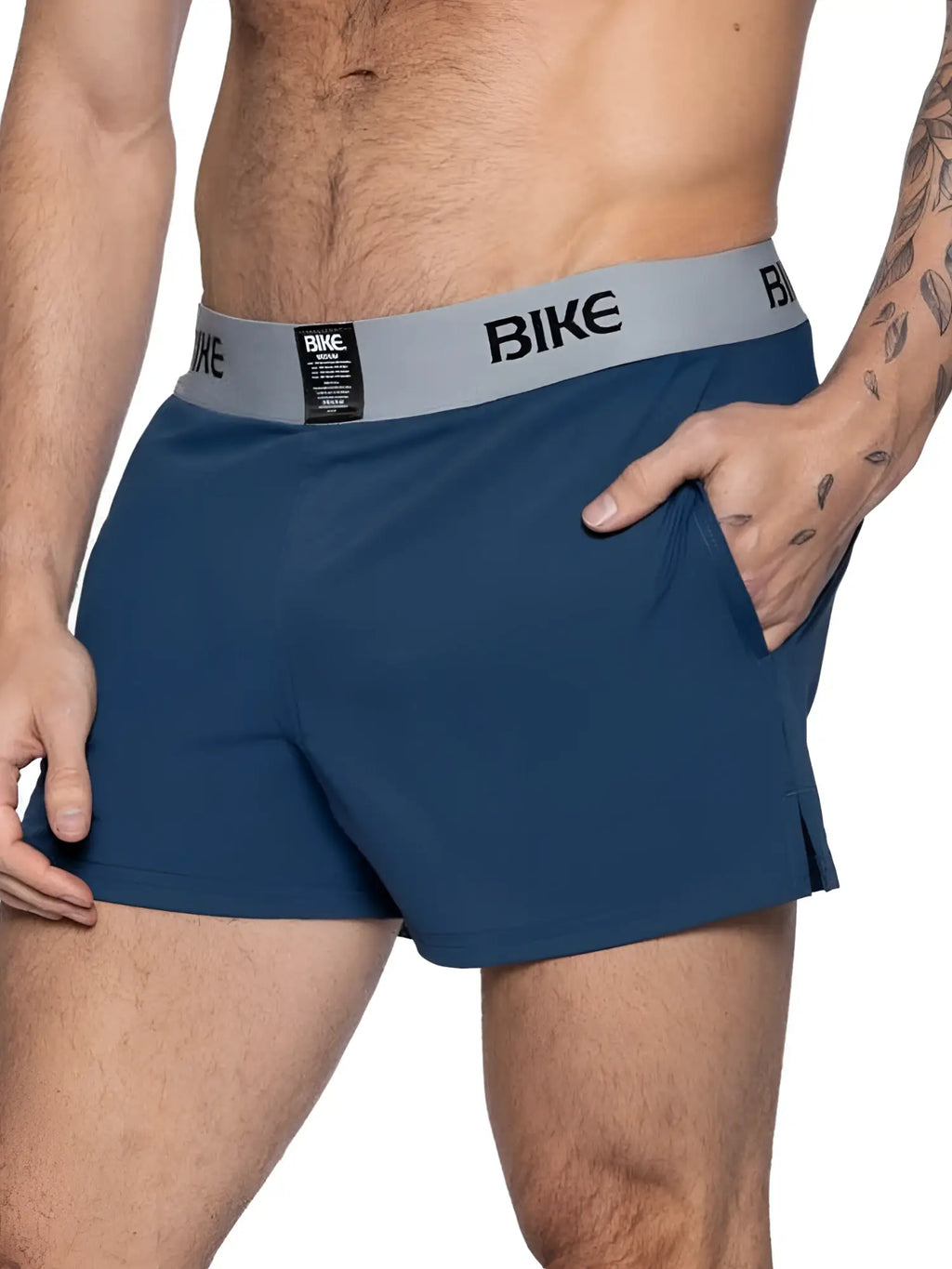 Navy blue bike athletic bam216 performance jock shorts with a gray waistband featuring the bike logo in black lettering