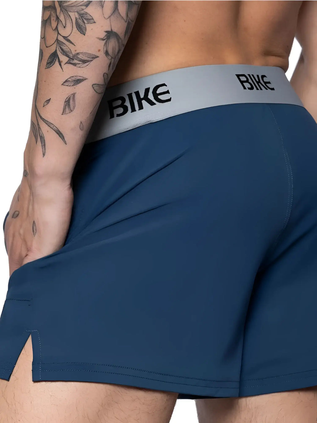 Navy bike athletic BAM216 performance jock short with gray waistband featuring black bike lettering for active use
