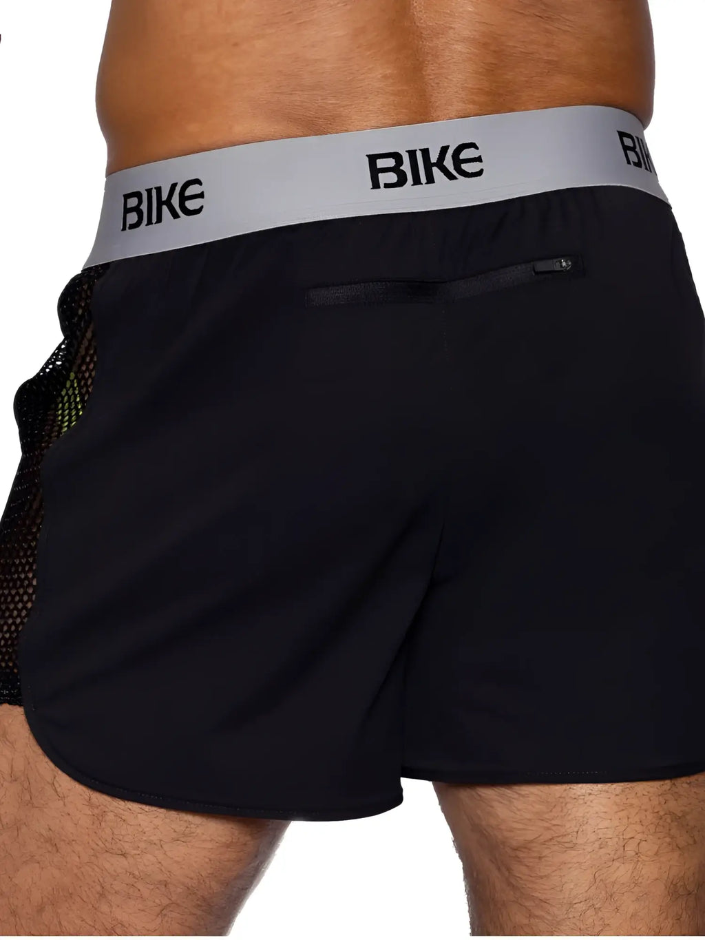 Black bike athletic BAM225 peek-a-boo jock shorts with gray elastic waistband and mesh breathable side panels