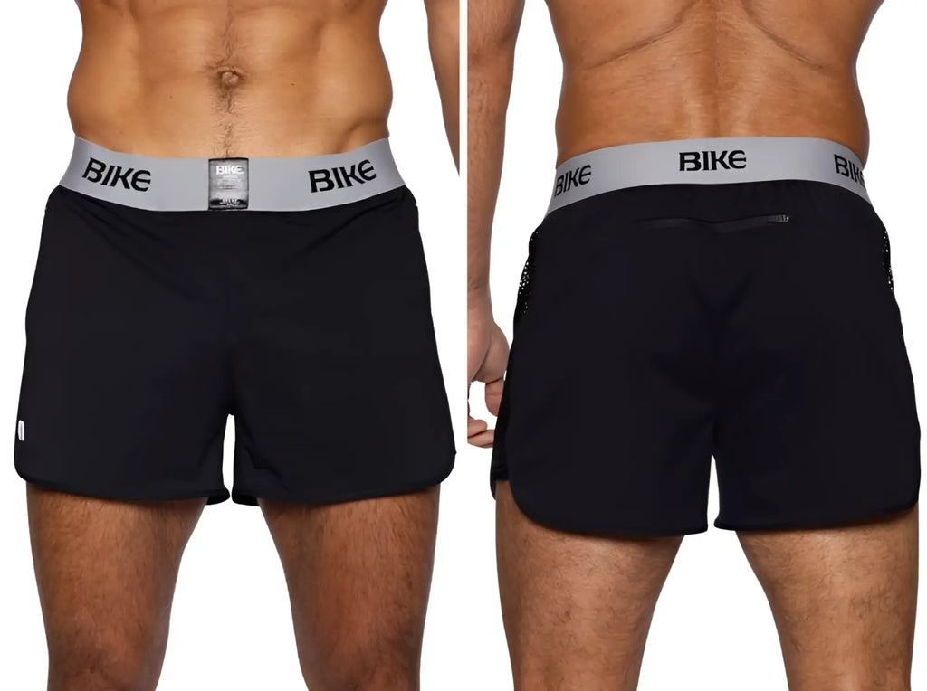 Black bike athletic BAM225 peek-a-boo jock short with gray waistband and bike logo in black lettering