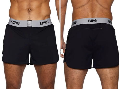 Black bike athletic BAM225 peek-a-boo jock short with gray waistband and bike logo in black lettering