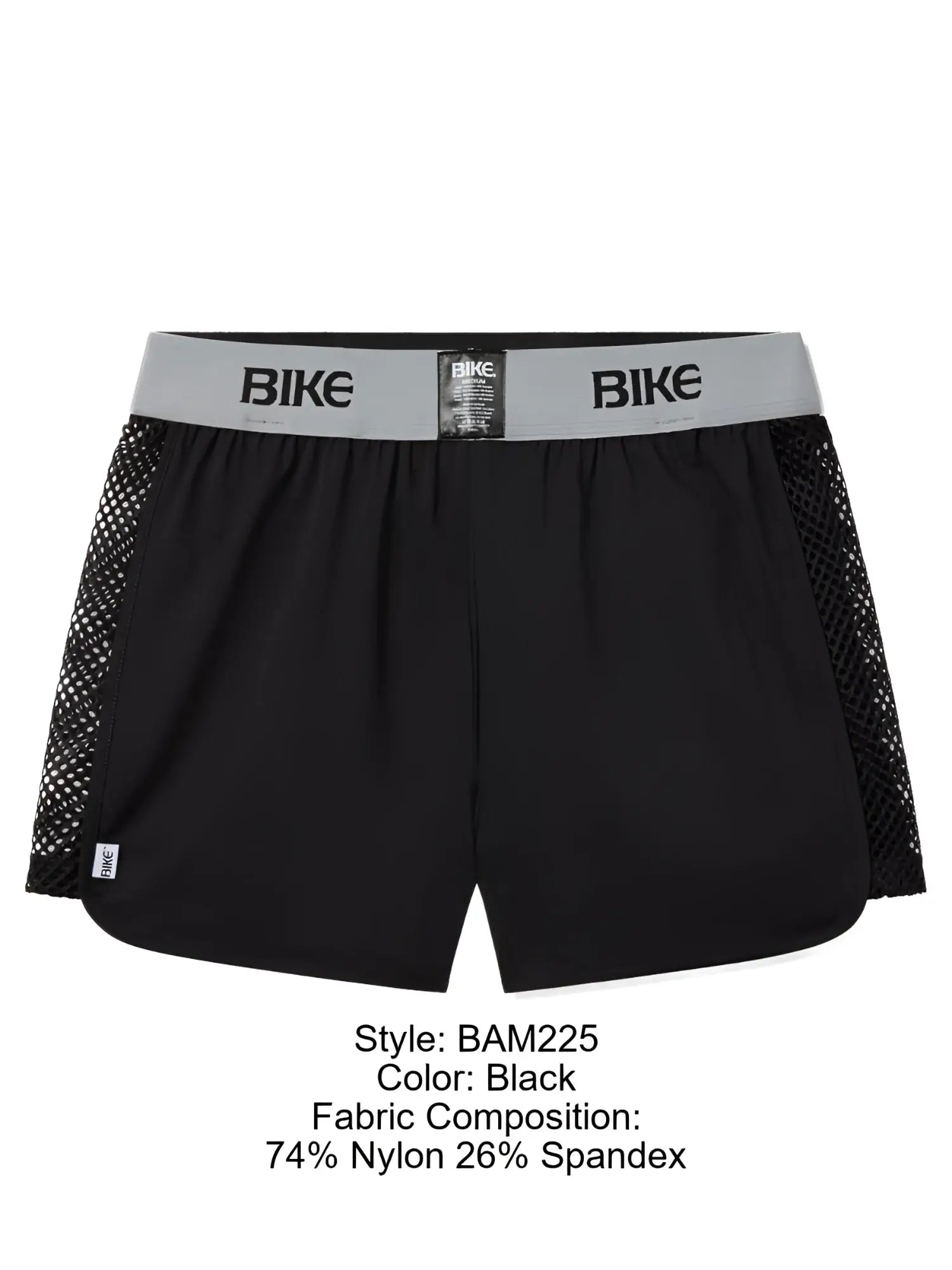 Black bike athletic bam225 peek-a-boo jock shorts with gray waistband made of 74 nylon 26 spandex