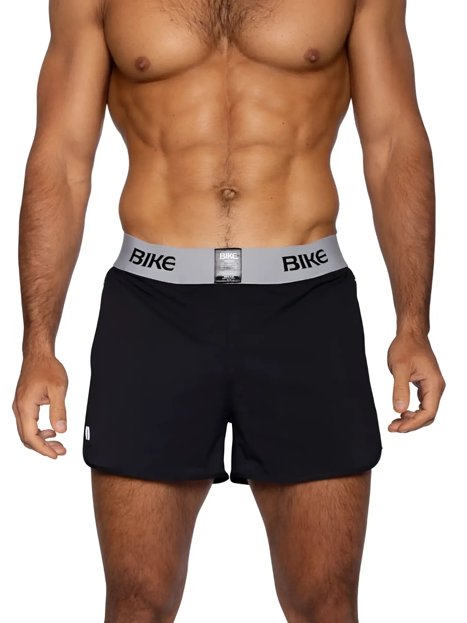 Black bike athletic bam225 peek-a-boo jock short with gray waistband and bold bike lettering in black color