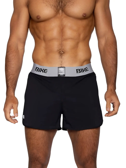 Black bike athletic bam225 peek-a-boo jock short with gray waistband and bold bike lettering in black color