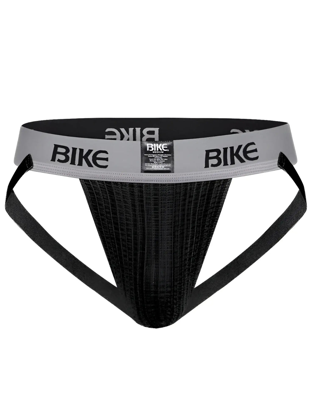 Black bike brand athletic briefs with gray waistband and bike logo in black lettering for classic jockstrap use