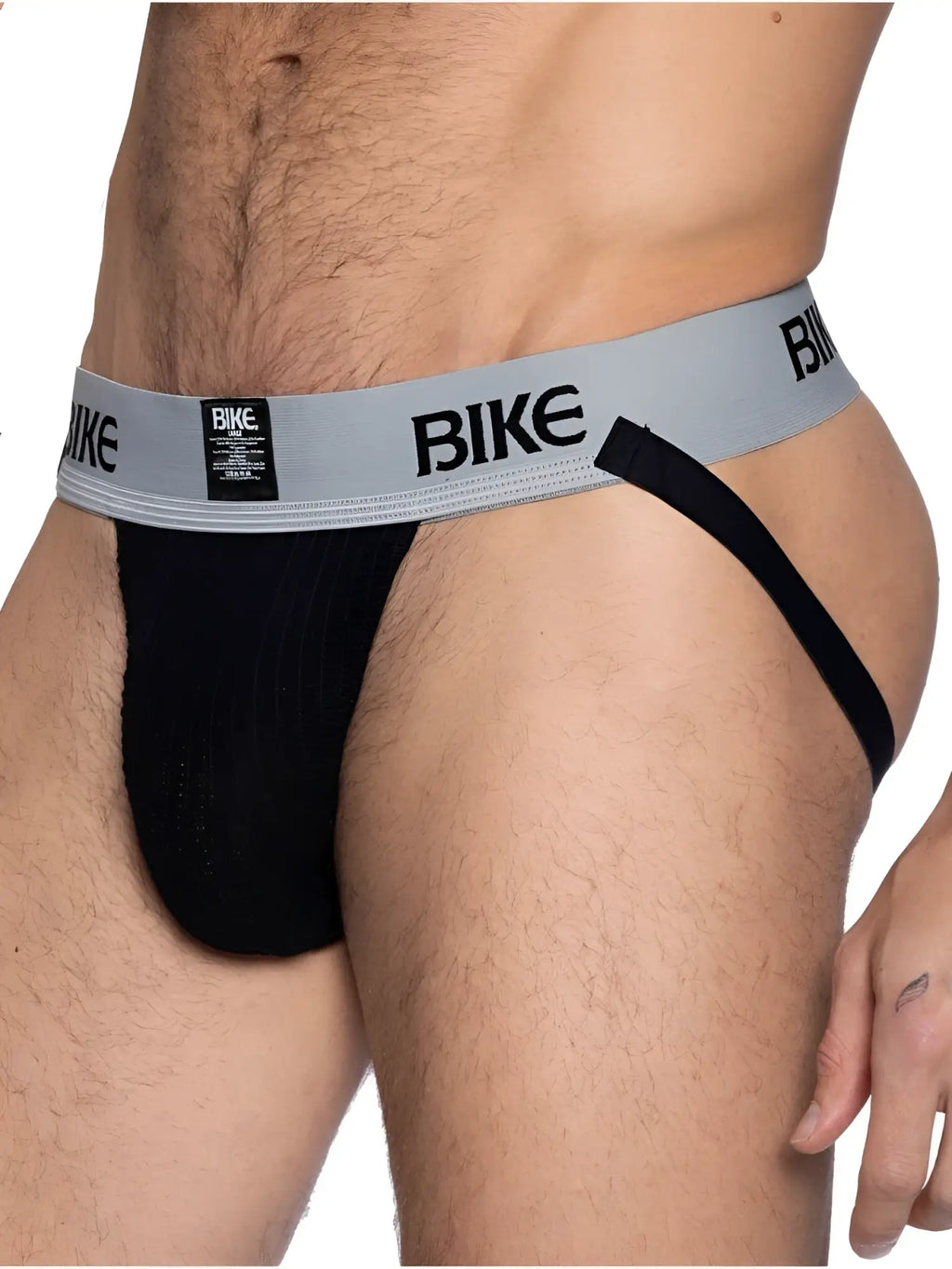 Black bike brand briefs with gray waistband and bold black lettering from BIKE Athletic BAS303 classic jockstrap line