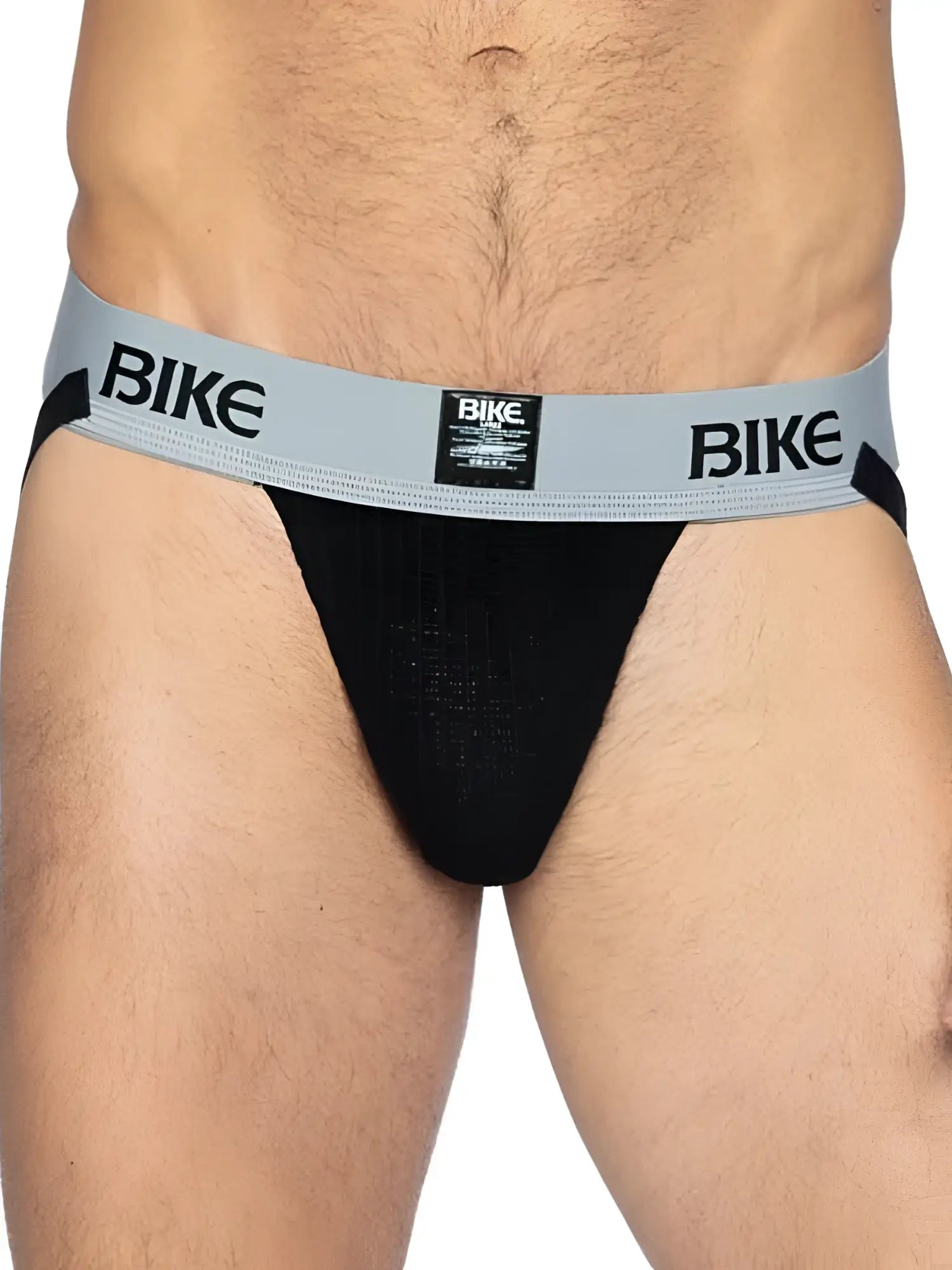 Bike athletic bas303 classic jockstrap in black with a light gray waistband featuring bold black bike lettering
