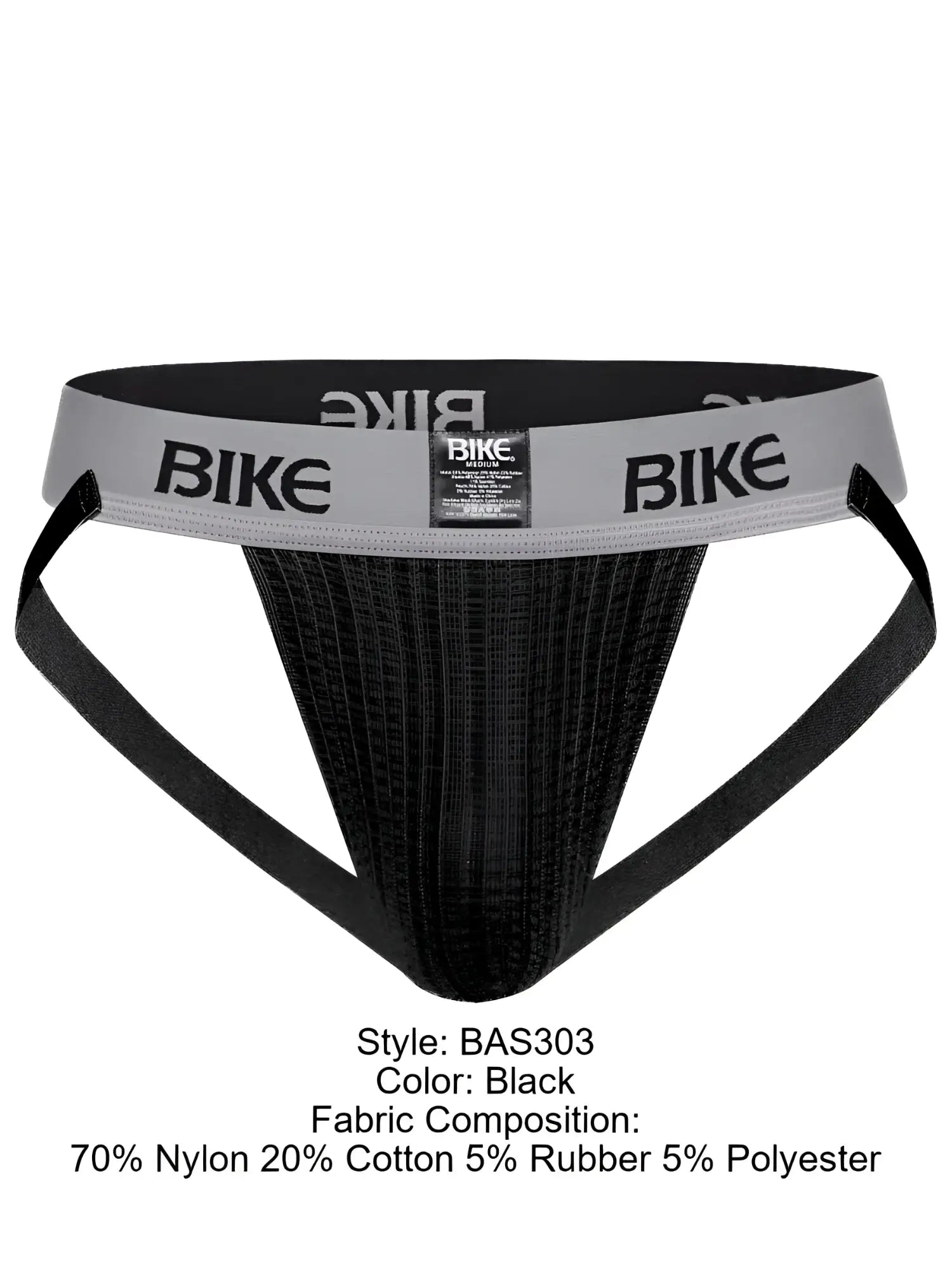 Black bike branded athletic briefs with ribbed texture and gray waistband from the classic jockstrap collection