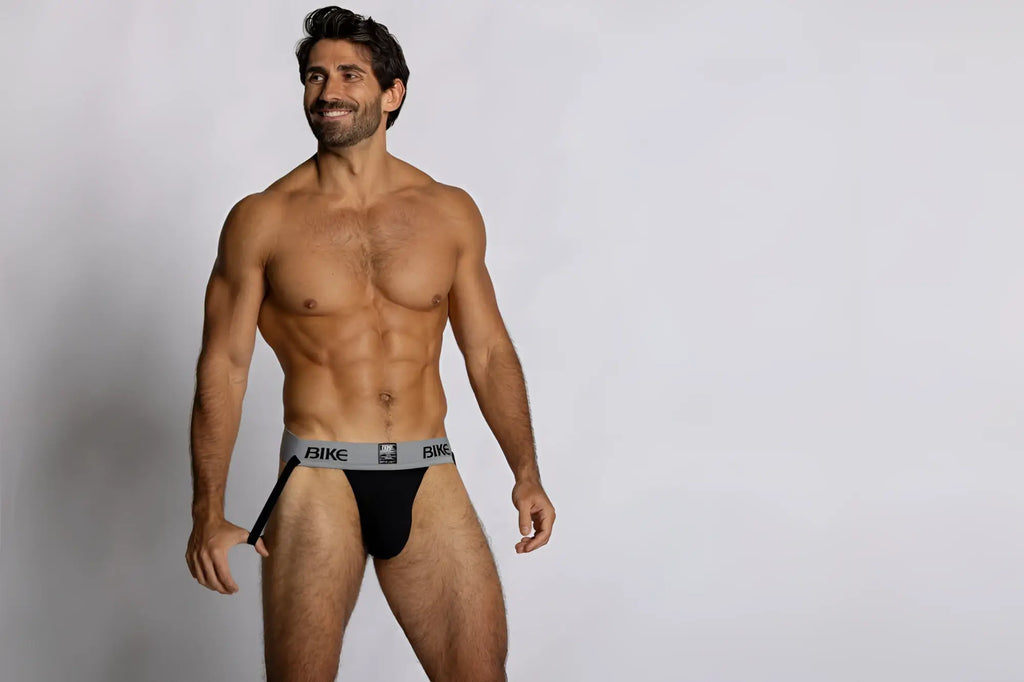 Black bike athletic briefs with gray waistband featuring bike logo, designed for support and comfort in sports activities