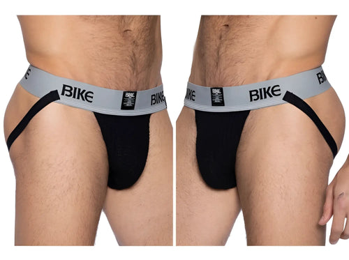 Black bike athletic bas303 classic jockstrap with gray waistband featuring bike logo in black text