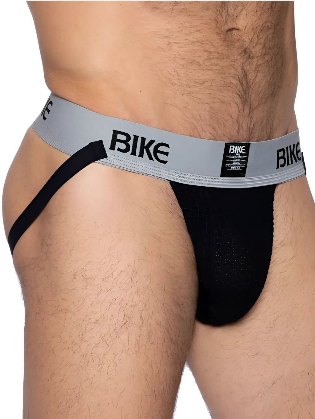 Black bike athletic bas303 classic jockstrap with gray waistband and bold bike lettering in black