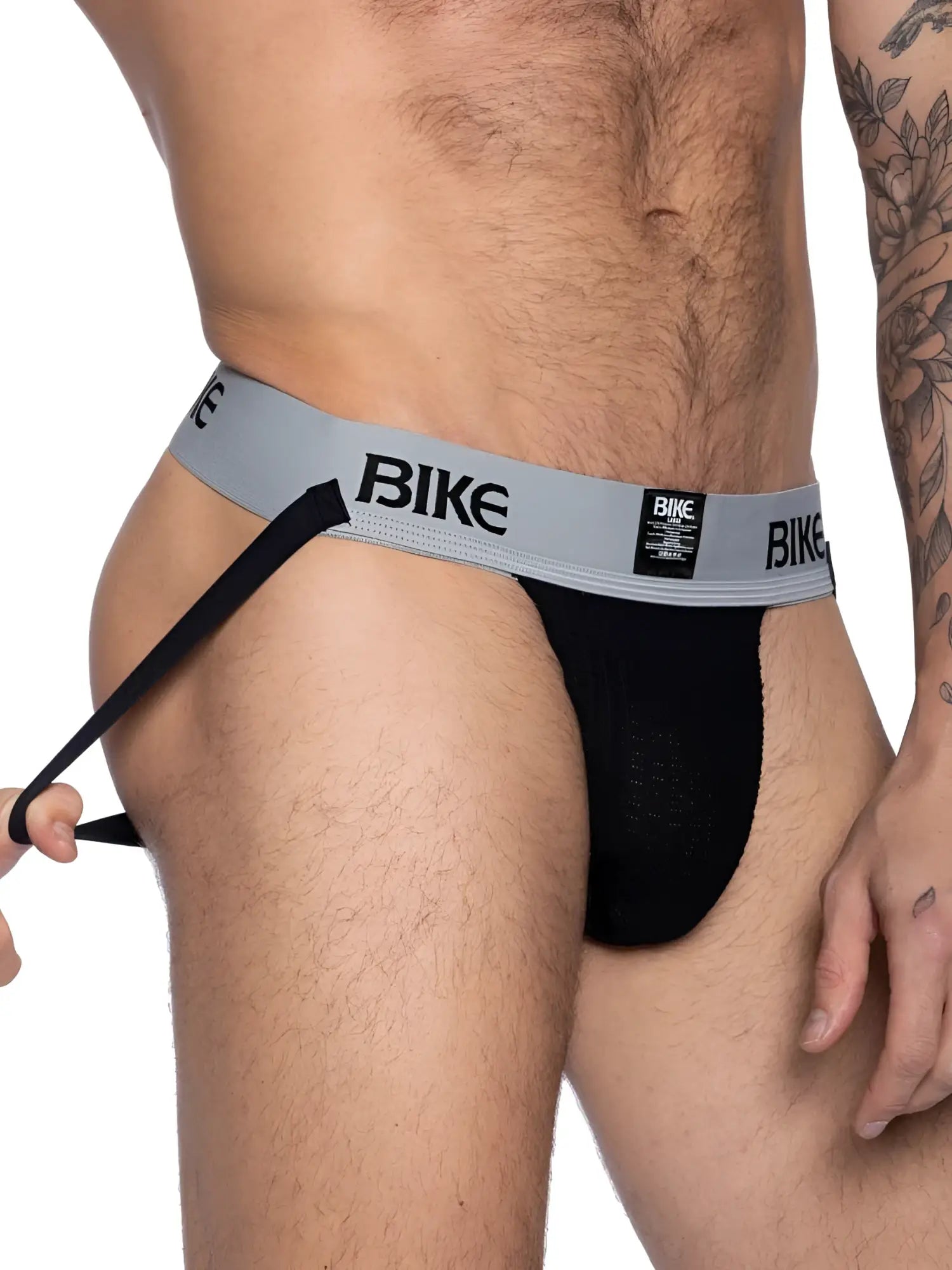 Black mesh bike brief with gray waistband and bold black bike lettering from BIKE athletic BAS303 classic jockstrap