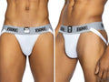 White bike brand athletic jockstrap with gray waistband and black lettering for classic support and comfort