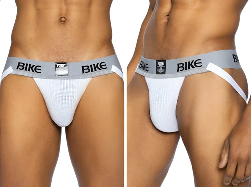White bike brand athletic jockstrap with gray waistband and black lettering for classic support and comfort