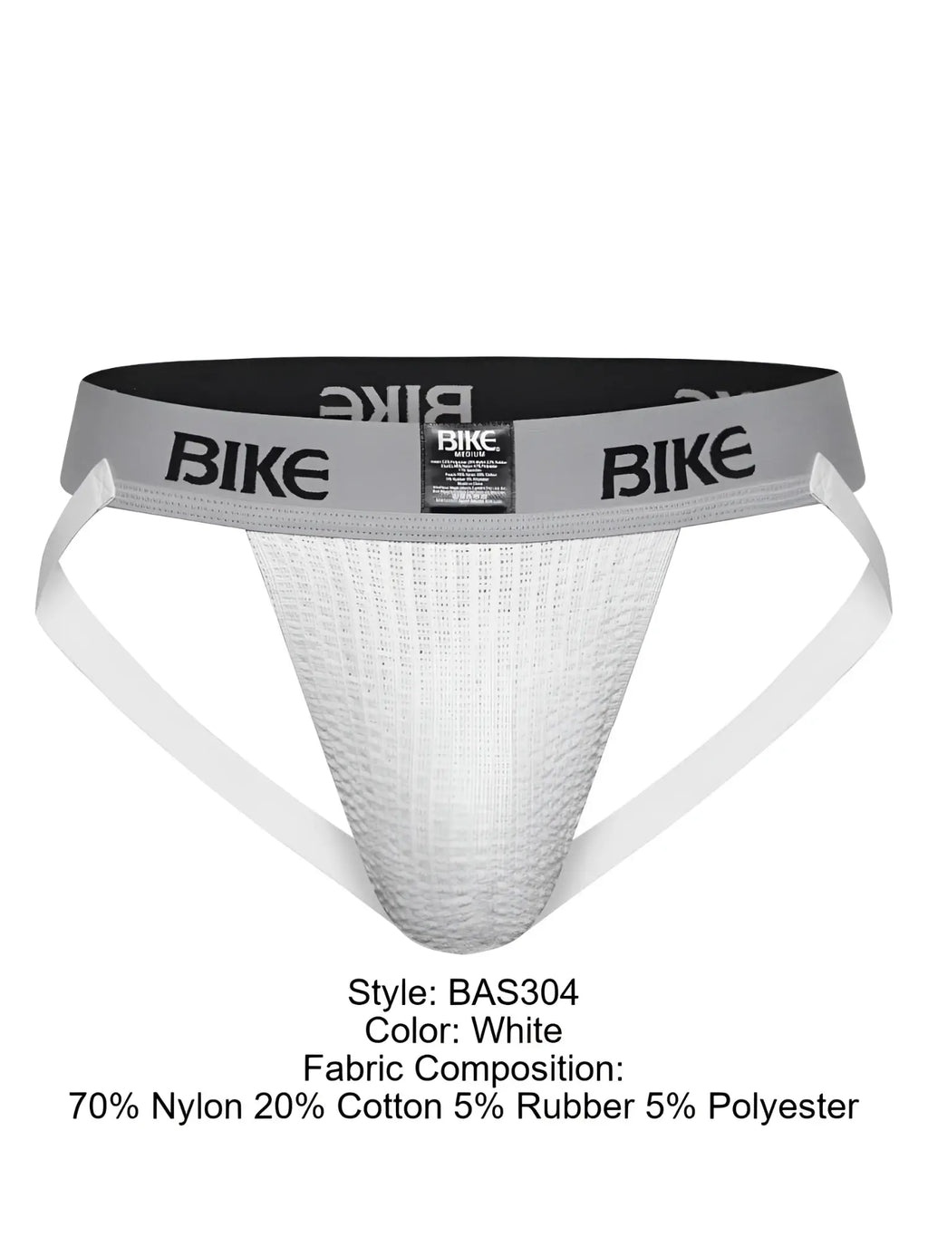White bike athletic briefs with gray waistband logo made of 70 nylon 20 cotton in classic jockstrap style