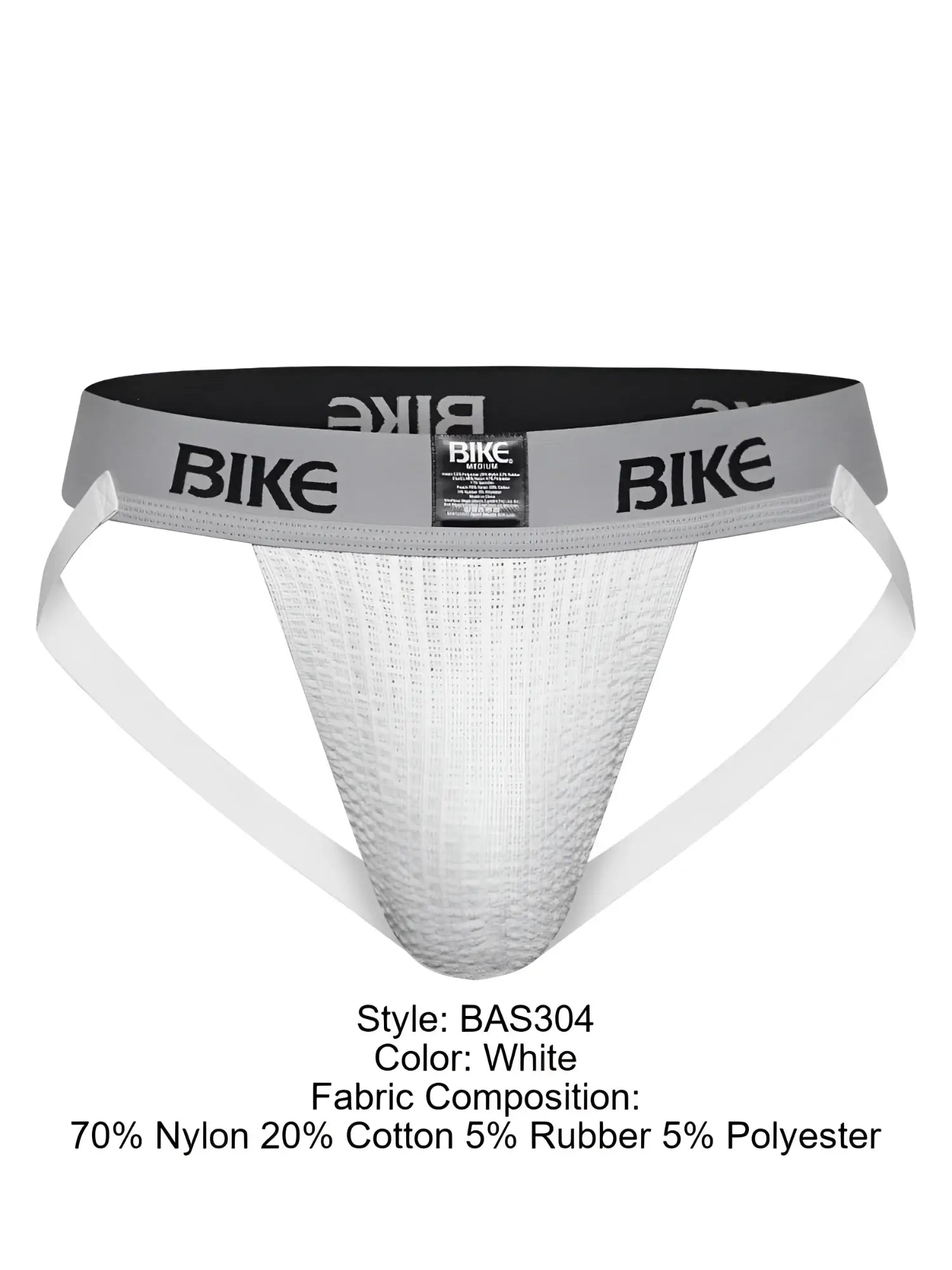 White bike athletic briefs with gray waistband logo made of 70 nylon 20 cotton in classic jockstrap style