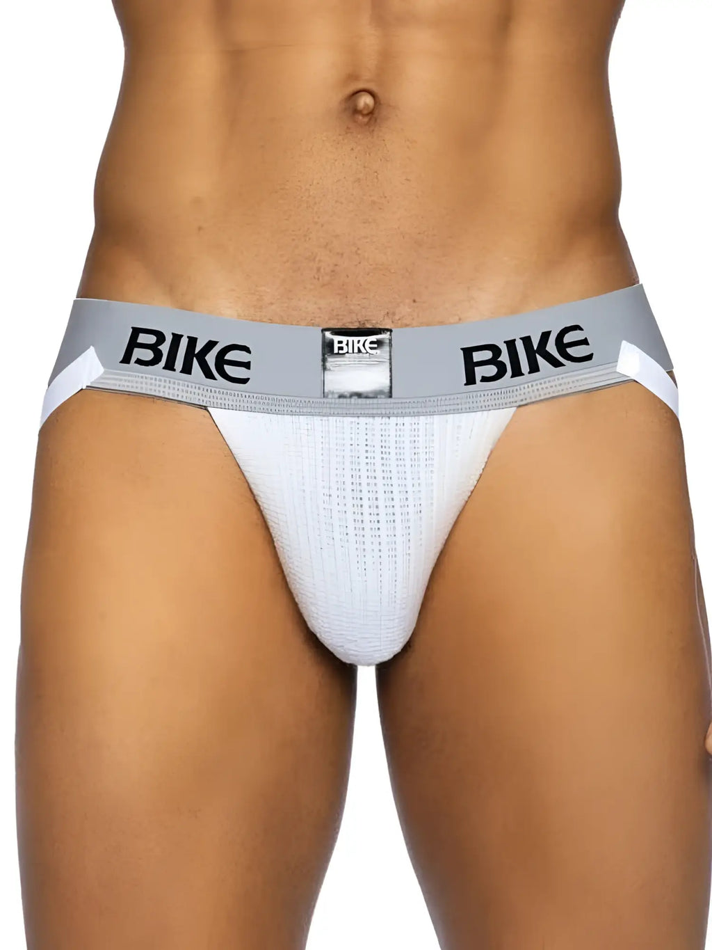 White mesh bike brief with gray waistband and black bike lettering from BIKE Athletic classic jockstrap collection