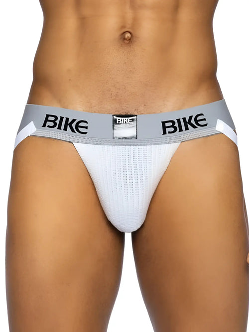 White mesh bike brief with gray waistband and black bike lettering from BIKE Athletic classic jockstrap collection