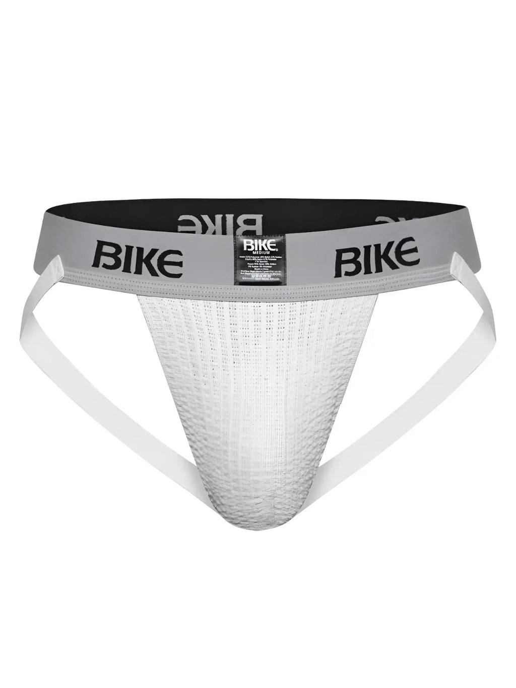 White textured bike athletic brief with gray waistband featuring black bike branding for active support