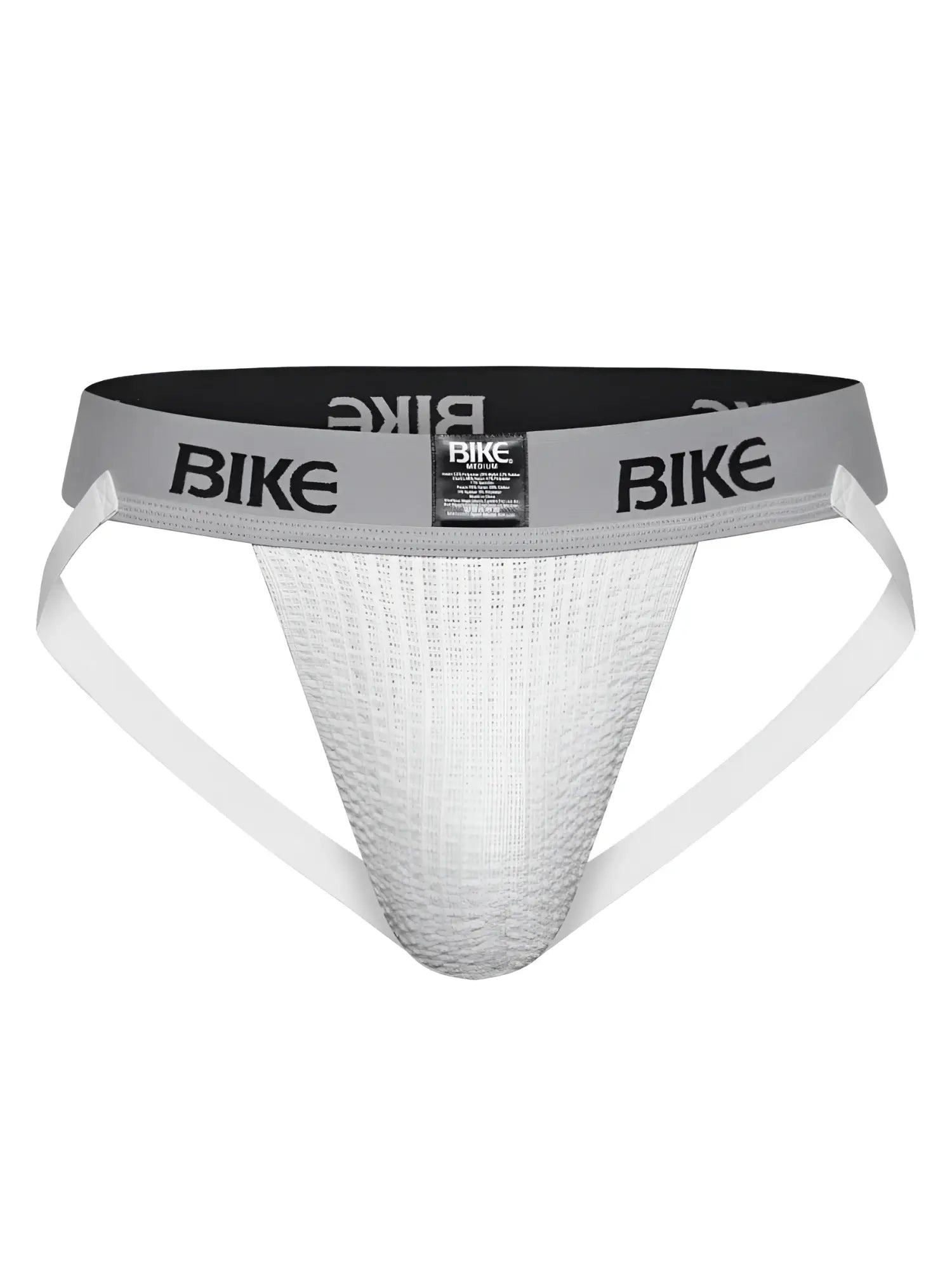 White textured bike athletic brief with gray waistband featuring black bike branding for active support