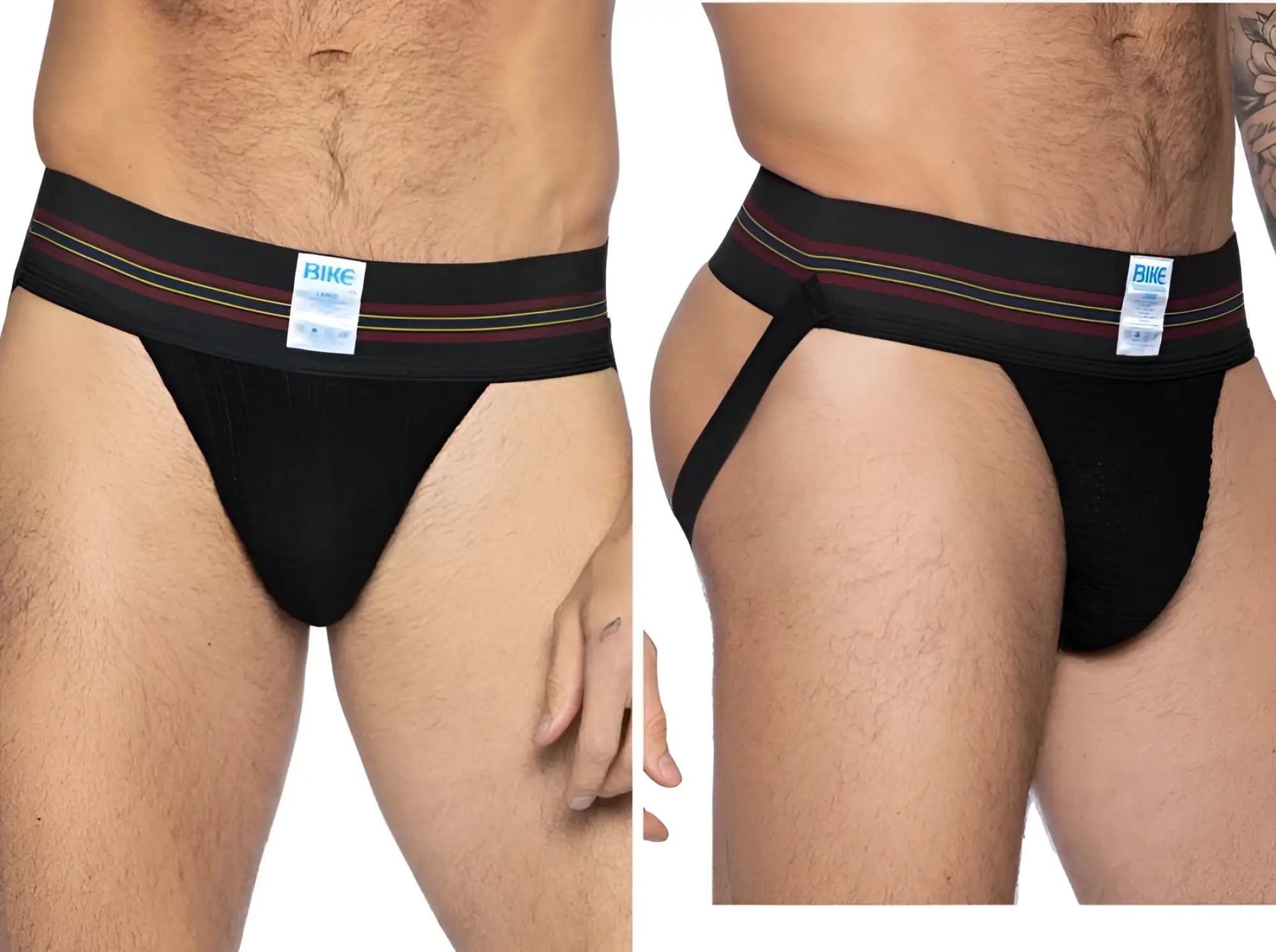 Black bike brand jockstrap with a striped red white and yellow waistband for athletic support and comfort