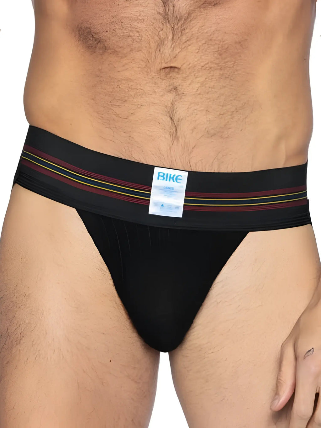 Black bike briefs with maroon yellow and green striped waistband from the bike athletic bas306 original number 10 jockstrap