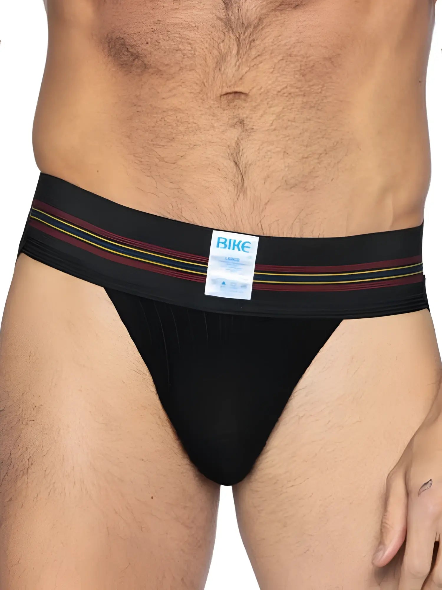 Black bike briefs with maroon yellow and green striped waistband from the bike athletic bas306 original number 10 jockstrap