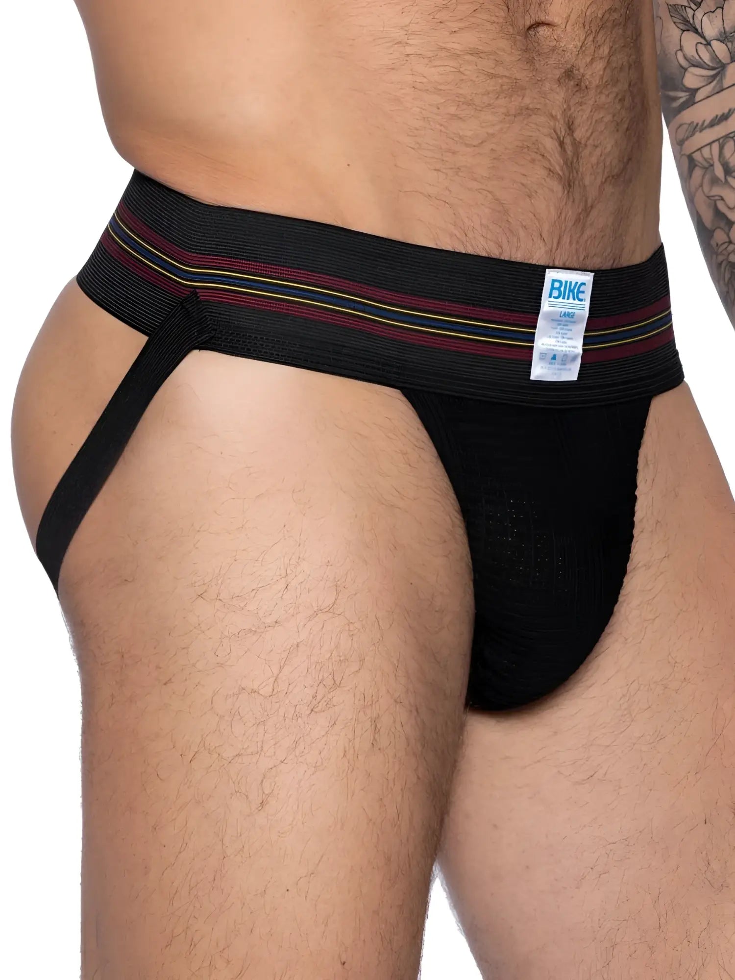 Black bike athletic bas306 original number 10 jockstrap with striped maroon and yellow waistband for sport use