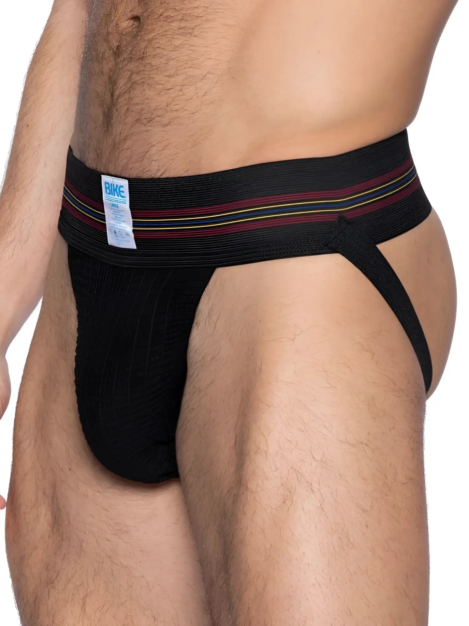Black bike athletic BAS306 original number 10 jockstrap briefs with striped maroon yellow and white waistband