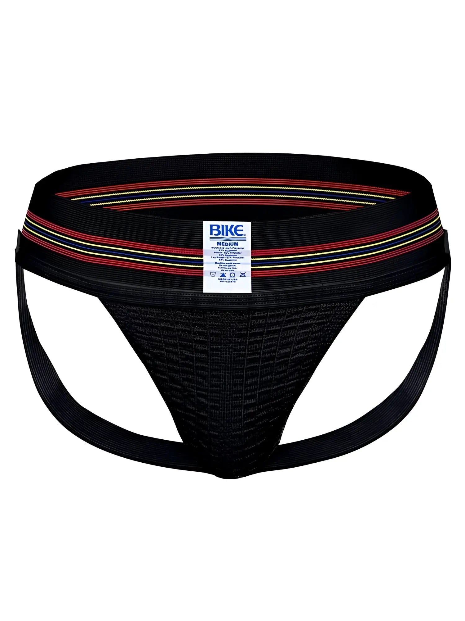 Black BIKE athletic briefs with textured mesh front and red white yellow striped elastic waistband