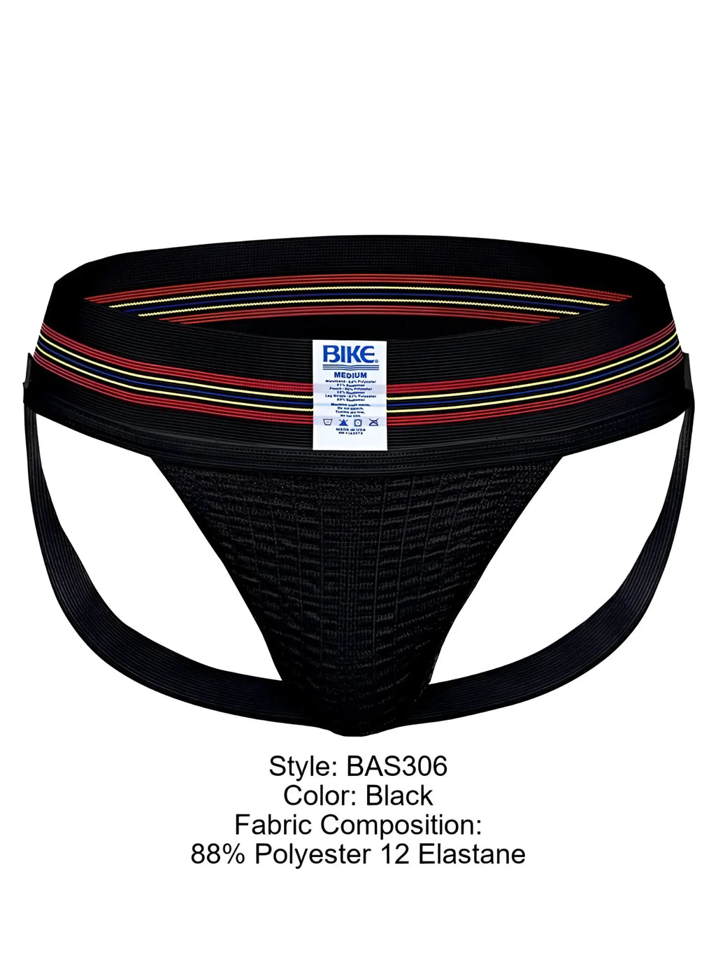 Black bike athletic bas306 original number 10 jockstrap with textured mesh front and striped elastic waistband