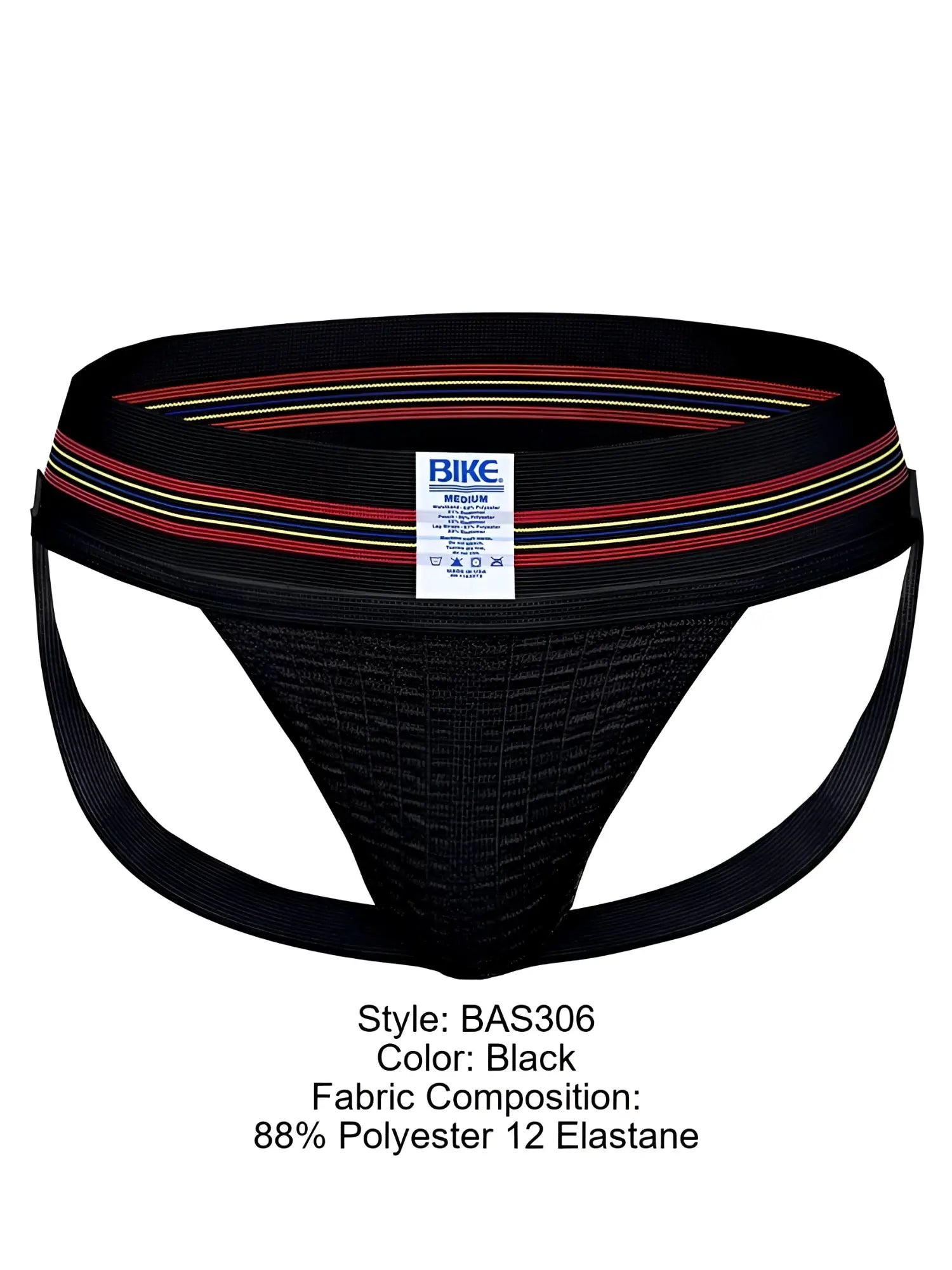 Black bike athletic bas306 original number 10 jockstrap with textured mesh front and striped elastic waistband