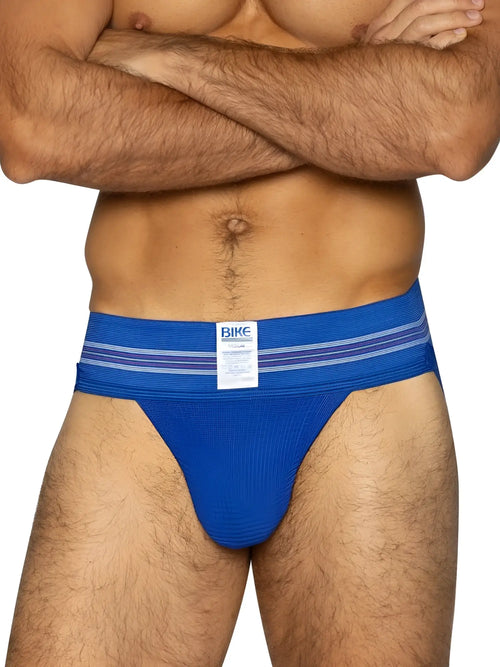 Blue bike athletic bas306 original number 10 jockstrap with striped waistband in royal color for athletic support