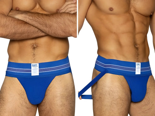 Blue bike brand original number 10 jockstrap with striped waistband and adjustable side strap in royal color