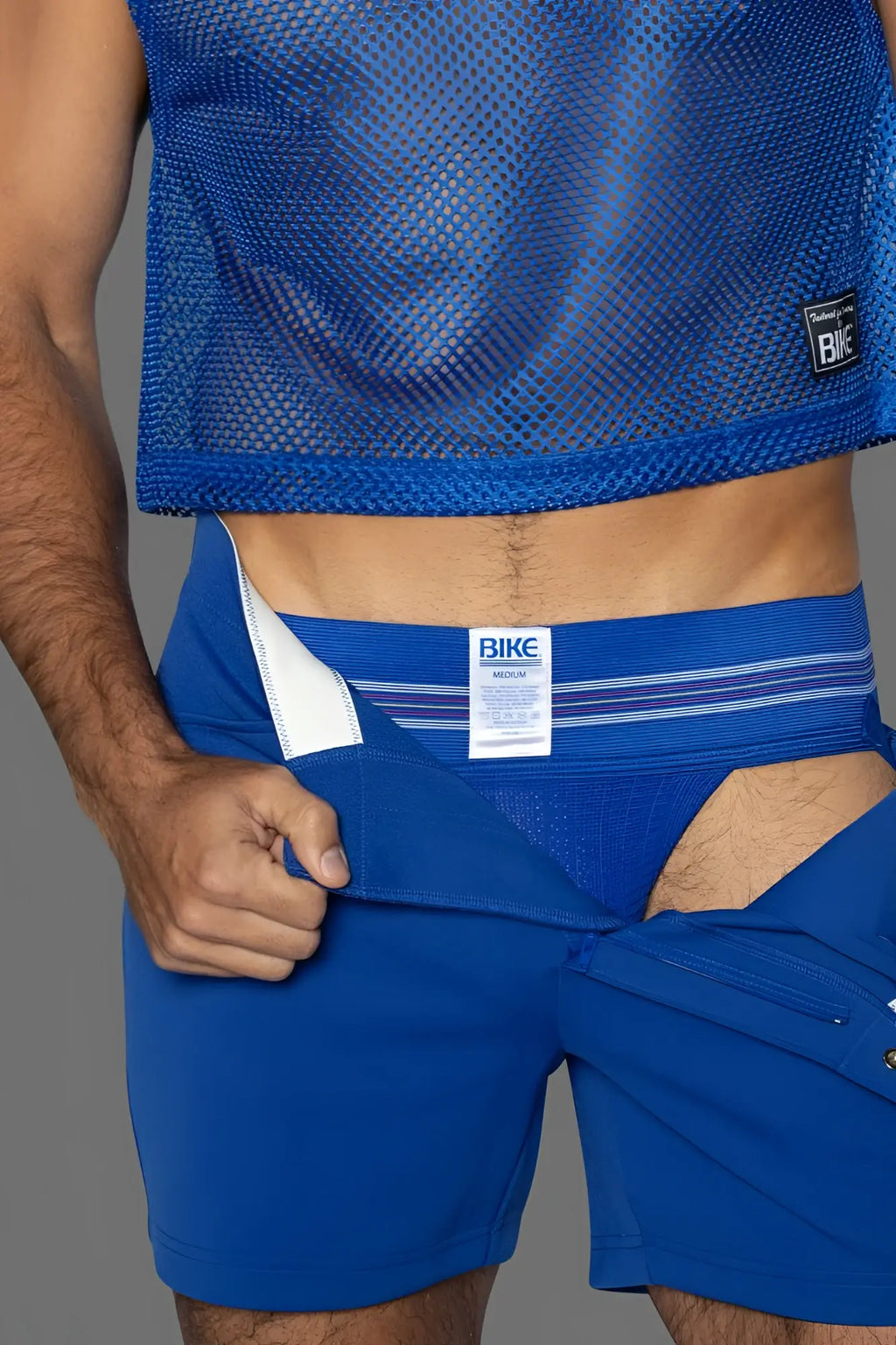 Bike athletic bas306 original number 10 jockstrap in royal blue with mesh crop top, solid waistband, and white lining