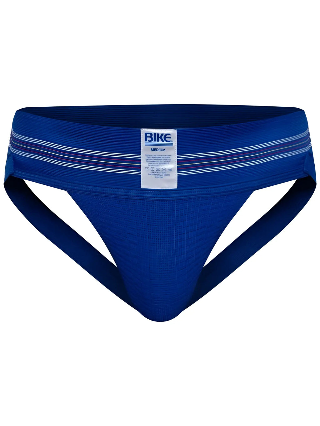 Blue ribbed athletic briefs with white striped waistband and bike label in royal color from bas306 jockstrap series