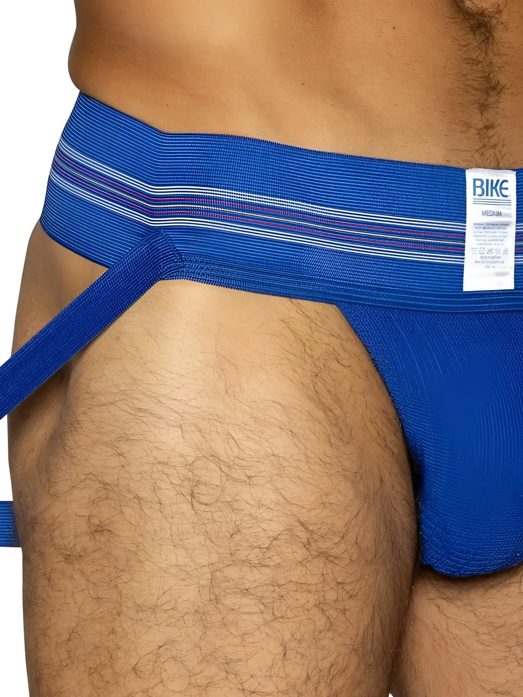 Blue BIKE athletic brief with striped waistband and white label in royal color for sportswear use