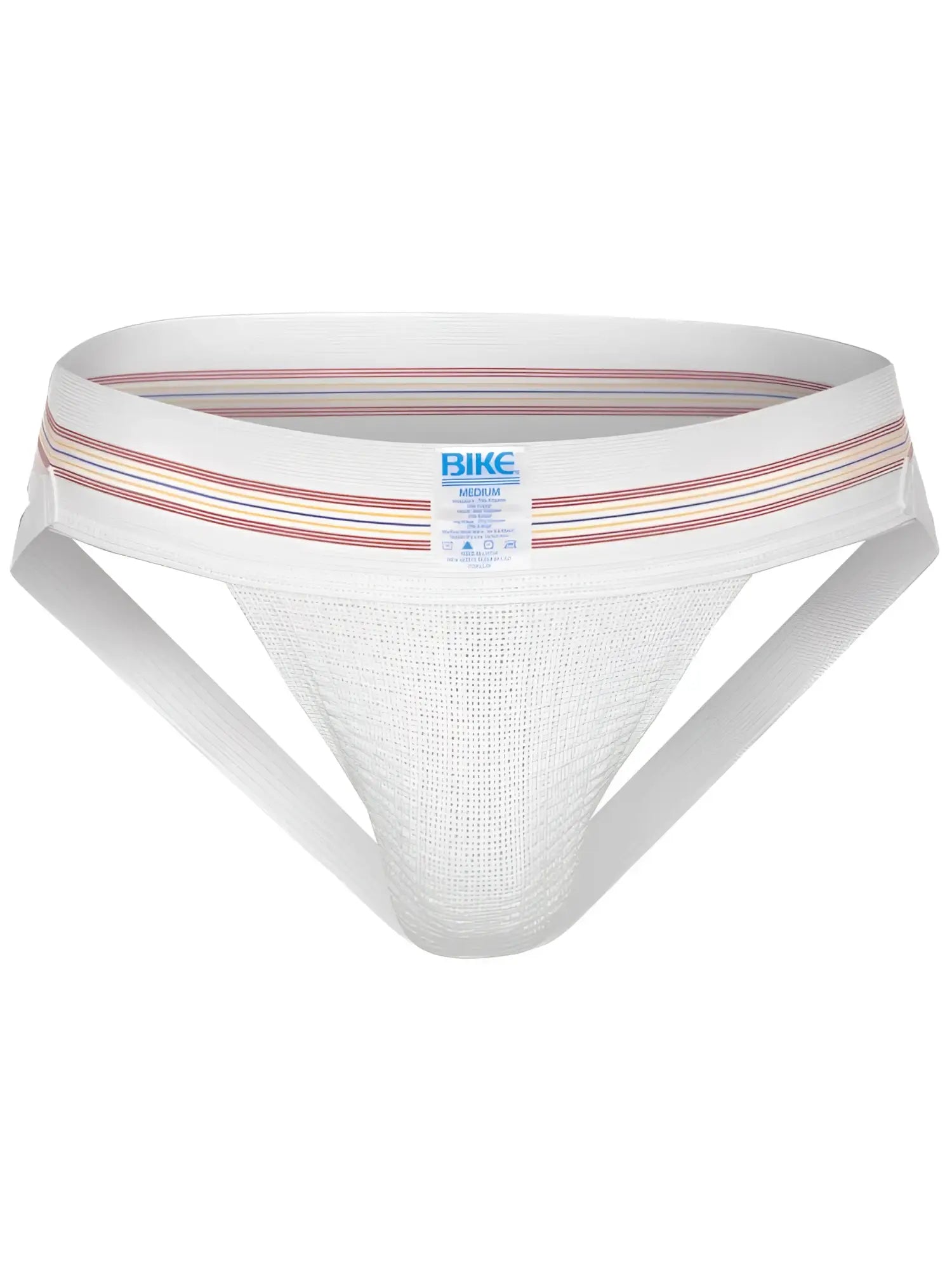 White mesh athletic supporter bike bas306 original number 10 jockstrap with red blue and beige striped waistband