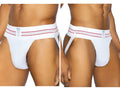 White bike athletic briefs with textured fabric pink striped waistband and bke logo in original number 10 jockstrap style
