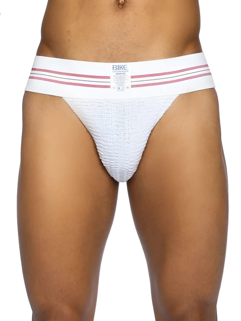 White bike athletic briefs in textured knitted fabric with three thin pink stripes on the waistband