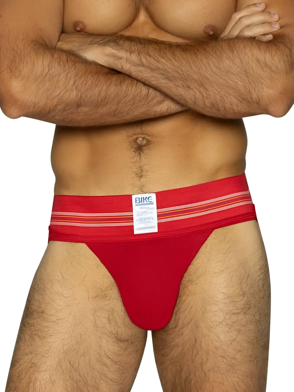 Red bikc brand athletic briefs with white horizontal waistband stripes from the bike athletic BAS306 jockstrap line