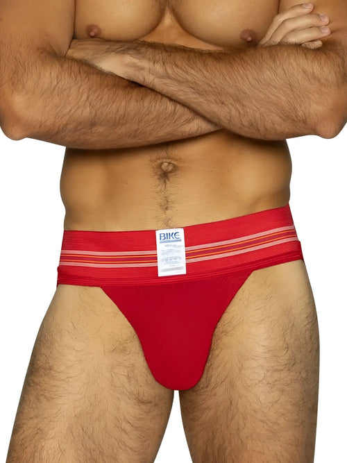 Red bikc brand athletic briefs with white horizontal waistband stripes from the bike athletic BAS306 jockstrap line