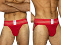 Red bikc brand athletic briefs with white and thin red waistband stripes for vibrant color red bike jockstrap