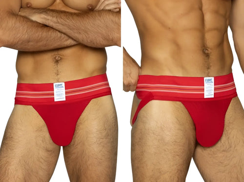 Red bikc brand athletic briefs with white and thin red waistband stripes for vibrant color red bike jockstrap