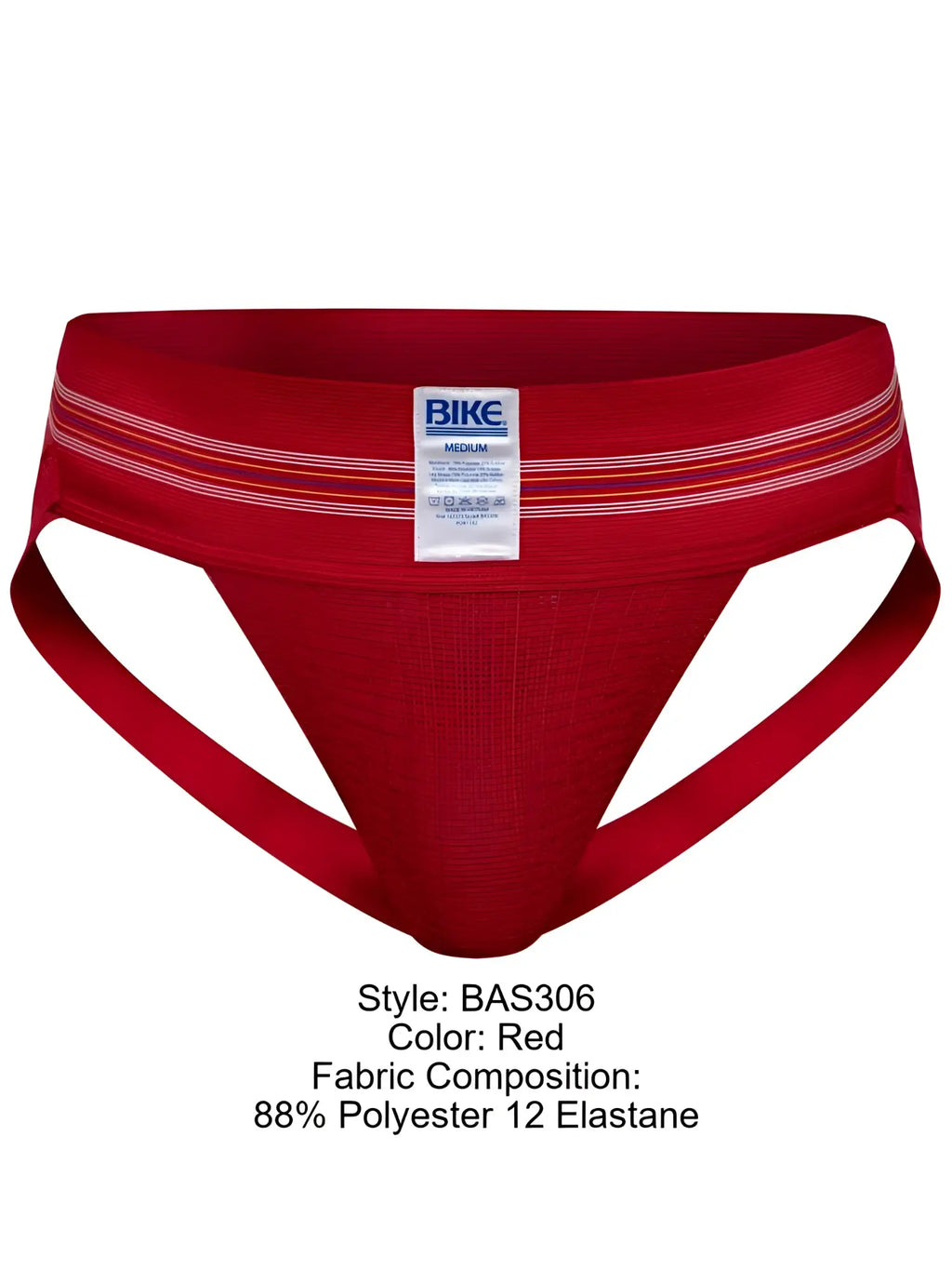 Red bike athletic briefs with white and orange striped trim and bike brand label on waistband in vibrant red