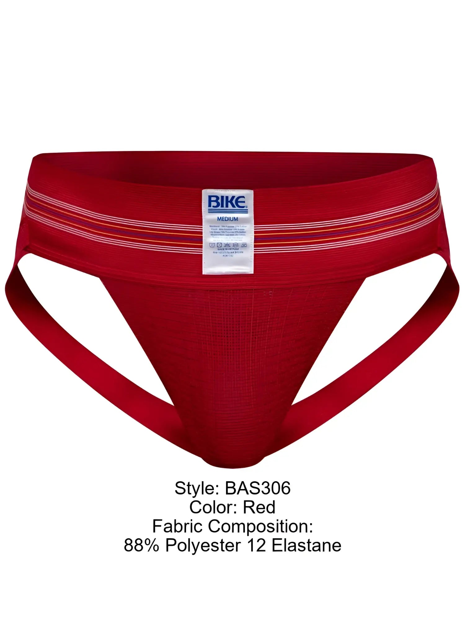 Red bike athletic briefs with white and orange striped trim and bike brand label on waistband in vibrant red