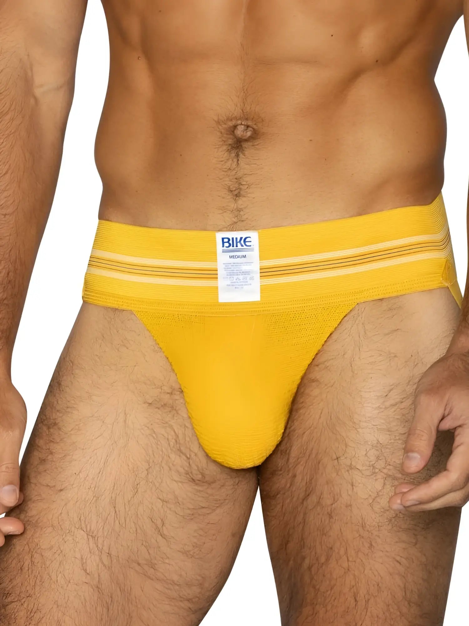 Bright yellow textured fabric bike brief with white stripes and bike brand label in a jockstrap style for athletic use