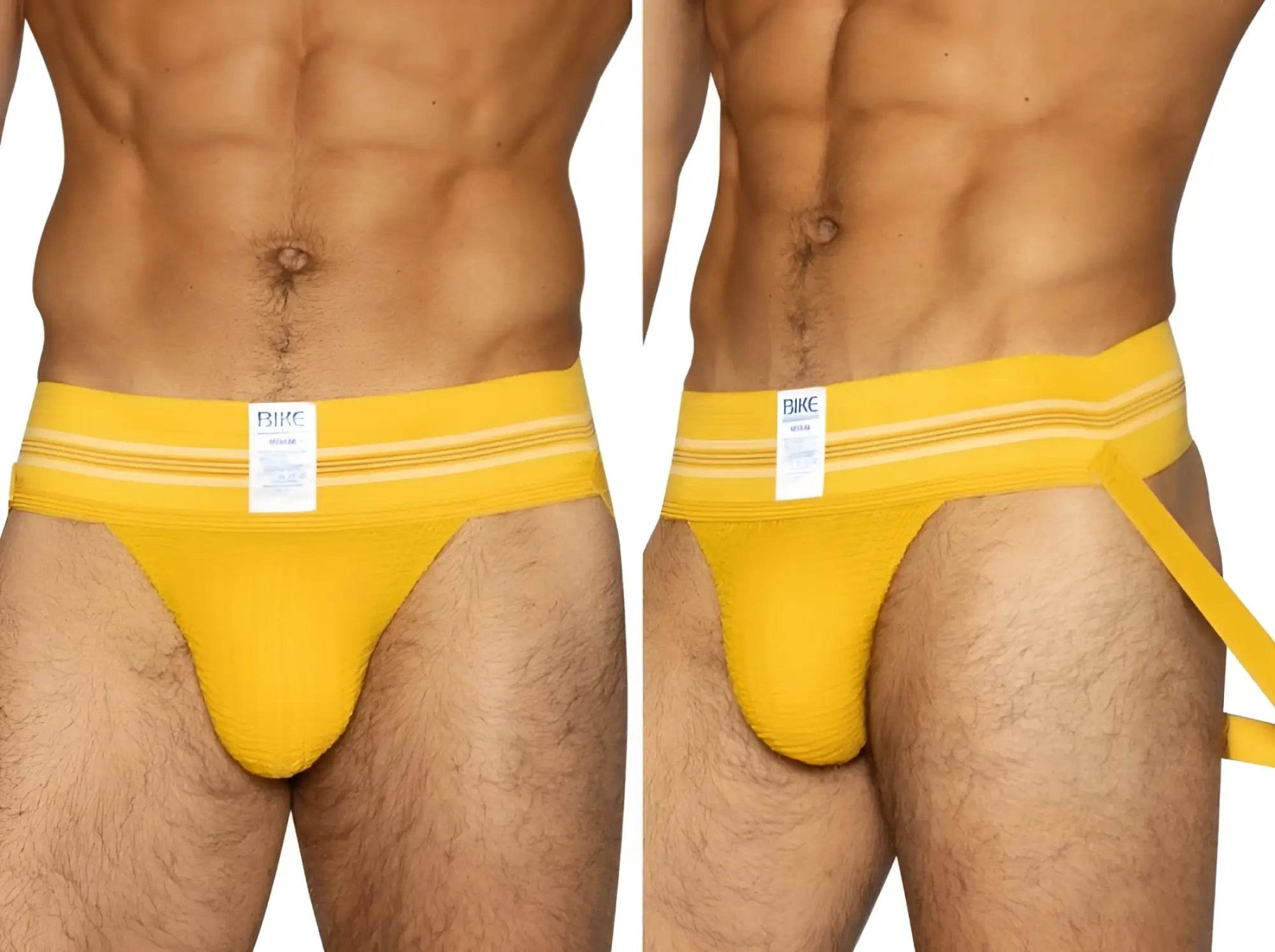 Bright yellow BIKE athletic briefs with white stripes and branded tag designed for sports and active wear